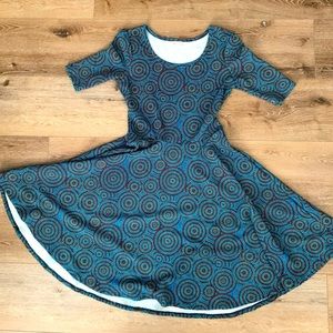LulaRoe Nicole fit and flare dress. Large. EUC. Blue red yellow teal swirls